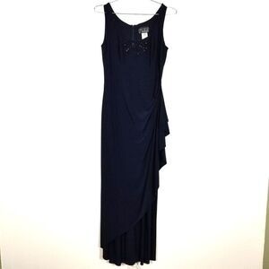 Alex Evenings Women Long Column Evening Dress Sz 10 Navy Beaded Neck Ruched Side